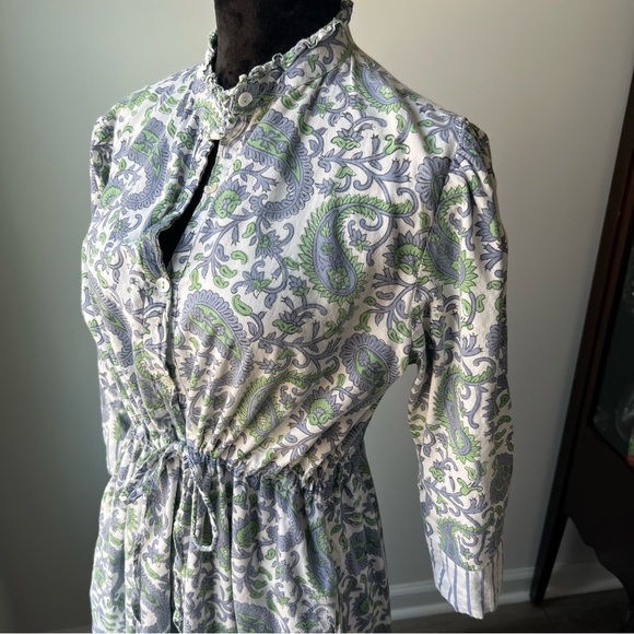 Dresses & Skirts - Women’s Paisley Drawstring Waist Dress in White, Green & Blue